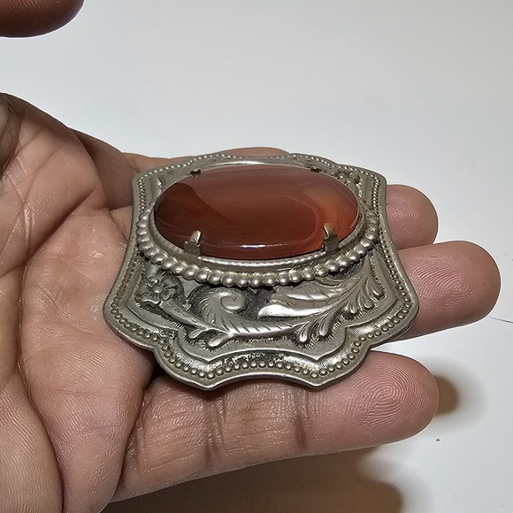 Vintage Western Embossed Belt Buckle Cabochon Orange Agate Scroll Design Unisex - Picture 5 of 9